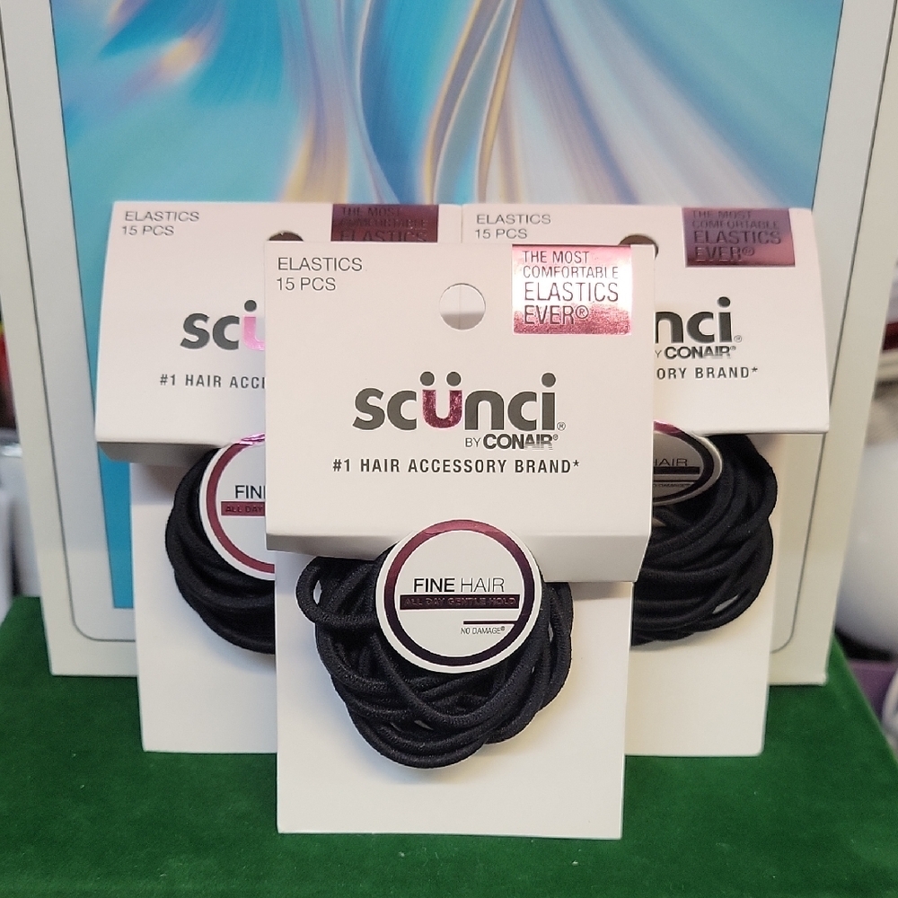 Scunci Black Fine Hair 15 pcs Elastics New Set of 3 Packages